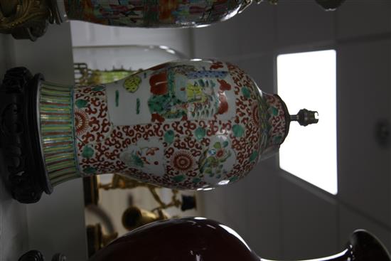 A Chinese enamelled porcelain baluster vase, late 19th century, 50cm incl. light fitting, neck reduced, drilled